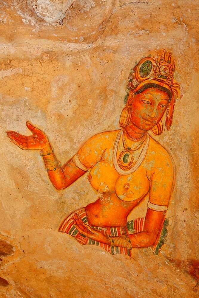 Ancient famous wall paintings (frescoes) at Sigirya, Sri Lanka, Asia