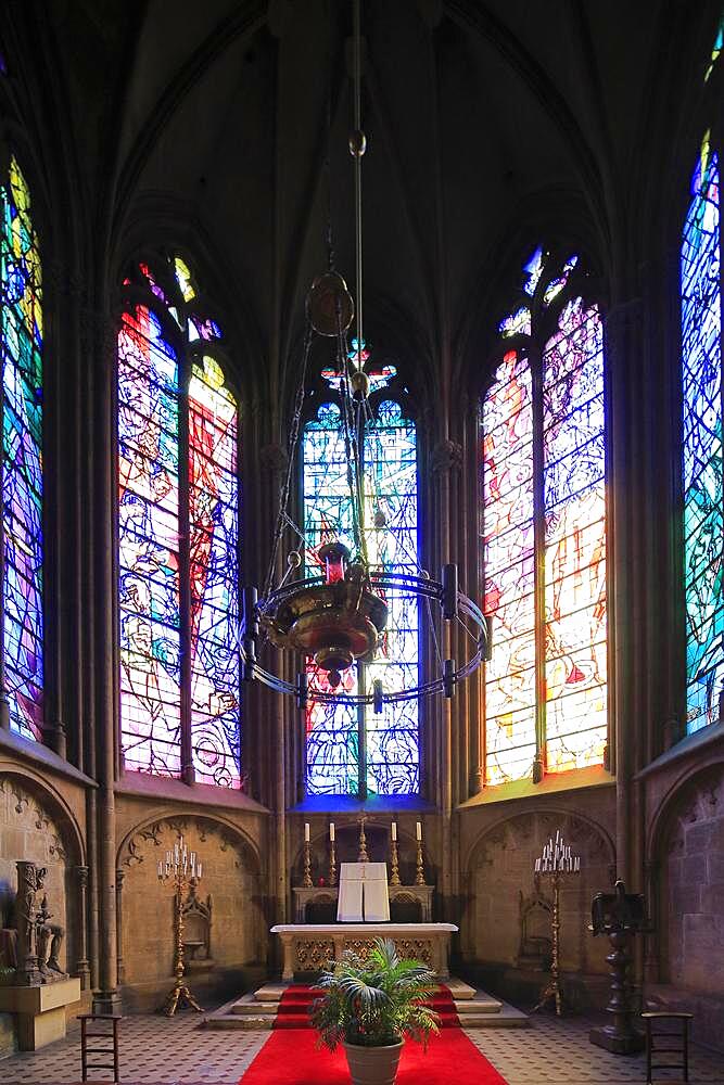 Chapel with leaded glass windows by Marc Chagall, Saint-Etienne Cathedral or St. Stephen's Cathedral, Metz, Moselle, France, Europe