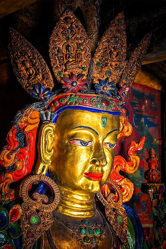 Maitreya Buddha statue close up Tibetan monastery Thiksey Gompa. Ladakh, Jammu and Kashmir, India, Asia