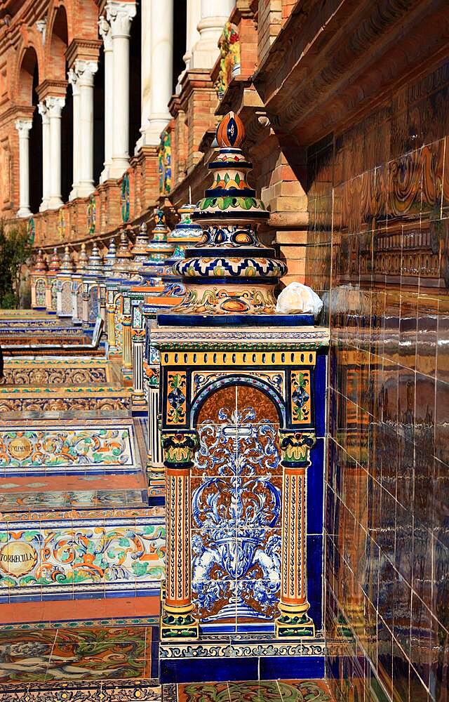 City of Seville, at the Plaza de Espana, the Spanish Square, partial view, ornaments made of tiles, details of ornamentation, Andalusia, Spain, Europe