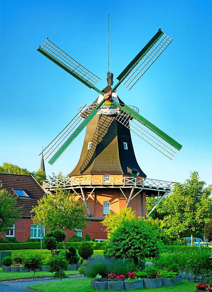 Peldemuehle Esens, two-storey gallery windmill, East Frisia, Germany, Europe