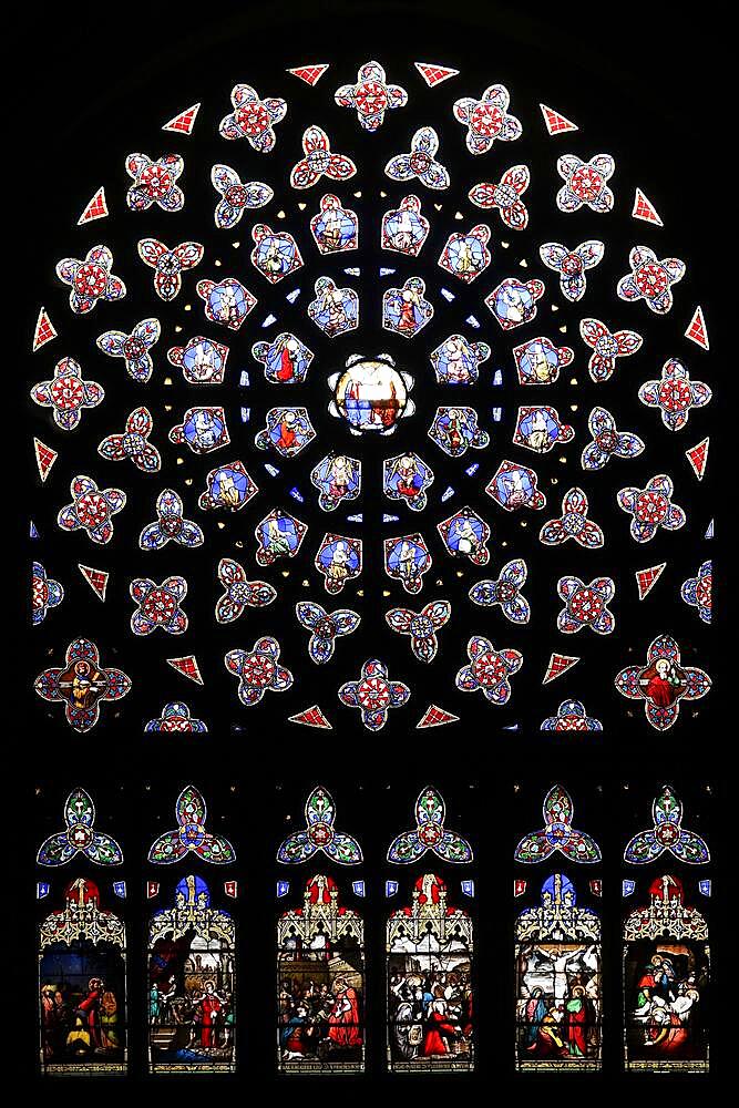 Rosette of the southern transept with 19th century leaded glass windows, Saint-Paul Aurelien Gothic Cathedral, Saint-Pol-de-Leon, Finistere Penn ar Bed department, Bretagne Breizh region, France, Europe