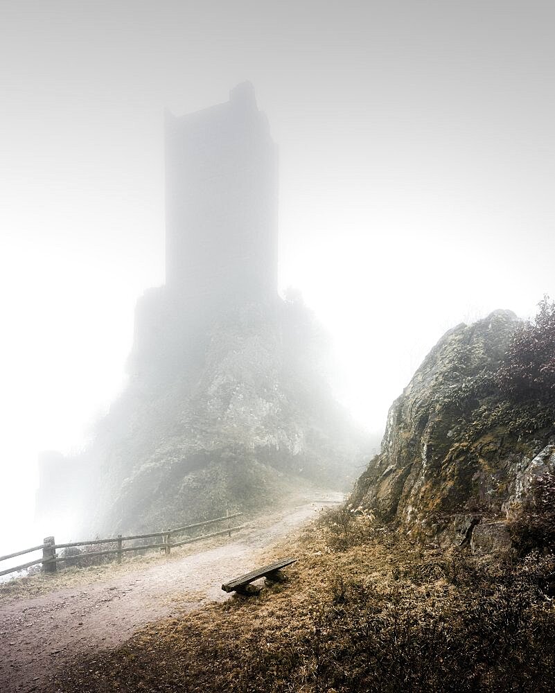Fog at Chateau du Girsberg in Alsace, France, Europe