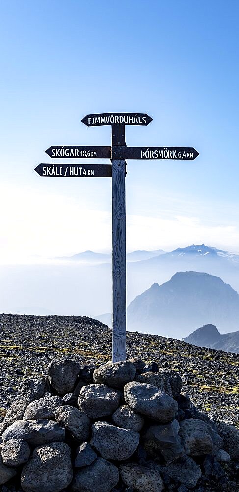 Sign with inscription Skogar and Porsmoerk at the hiking trail Fimmvoerouhals, Porsmoerk Nature Reserve, Suourland, Iceland, Europe