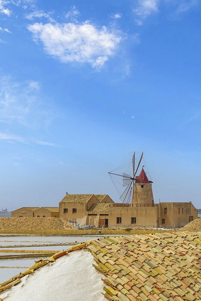 Windmill, Marsala Salt Works, Trapani Province, Sicily, Italy, Europe