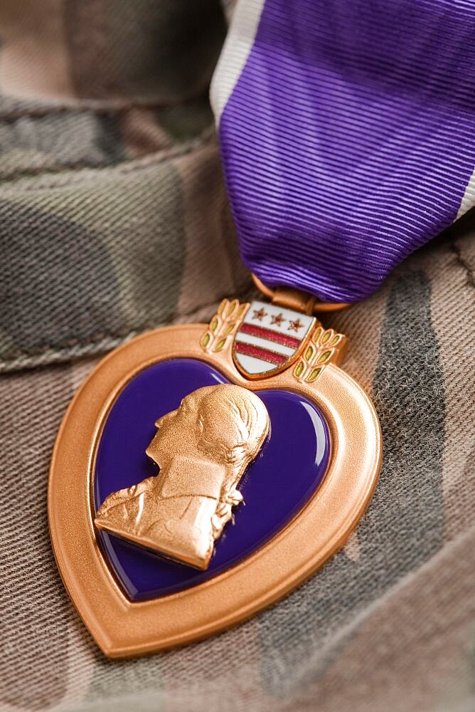 Purple heart war medal on camouflage material