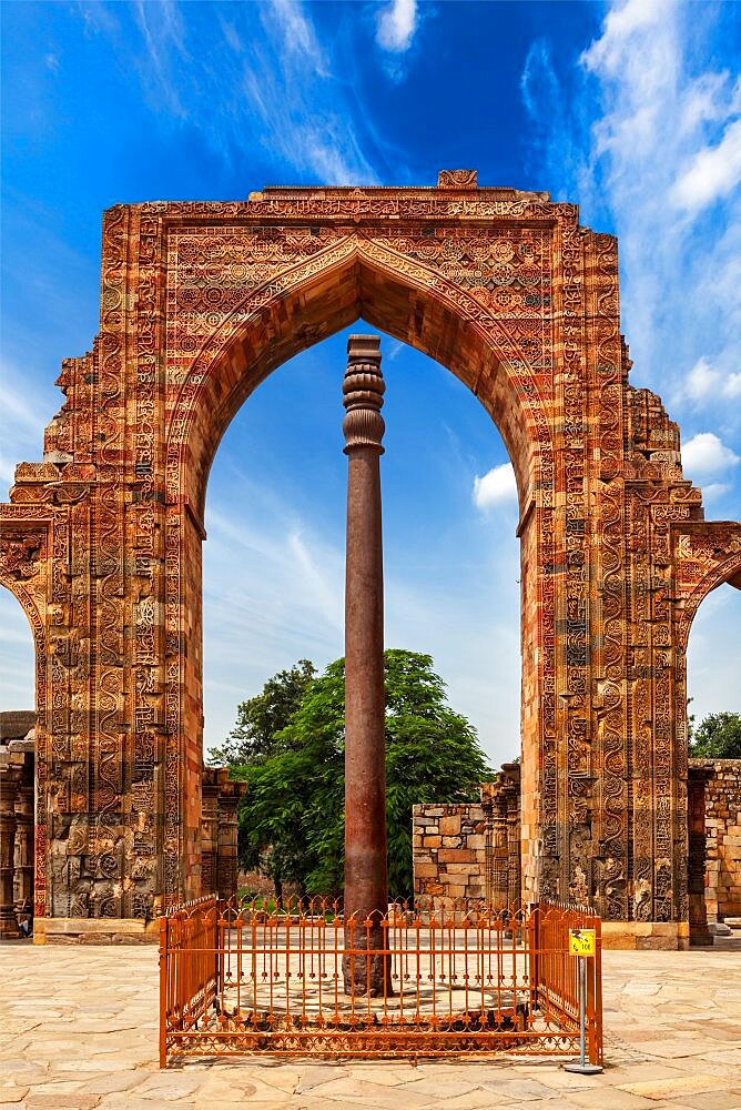 Iron pillar in Qutub complex, metallurgical curiosity. Delhi, India, Asia