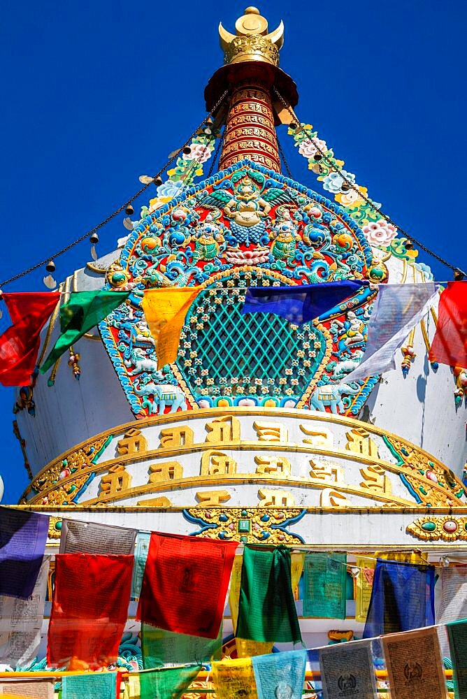 Buddhist gompa with prayer flags. Tabo monastry, Tabo, Spiti Valley, Himachal Pradesh, India, Asia