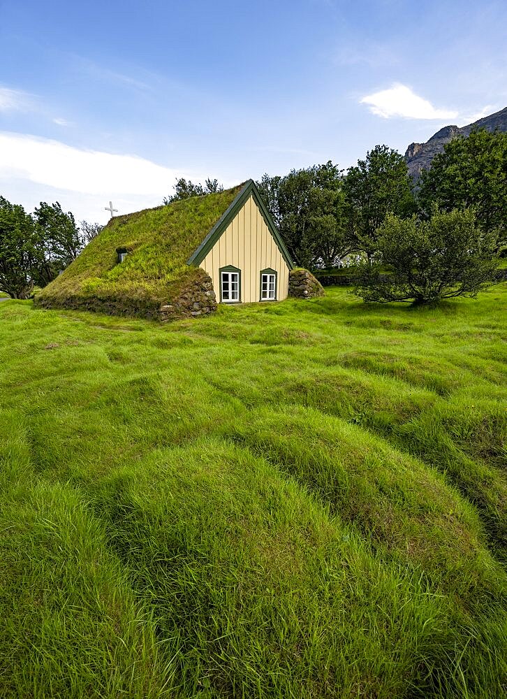 Hofskirkja church with grass roof and grass-covered graves, Oeraefi region, South Iceland, Iceland, Europe