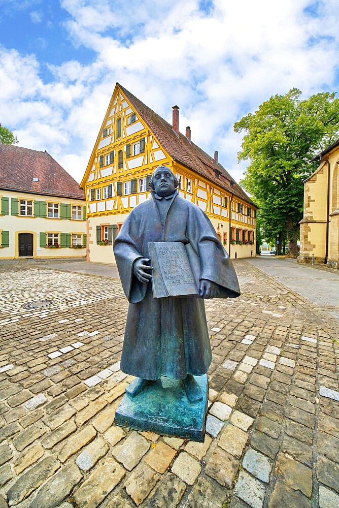 Martin Luther Monument and Old Latin School, Weissenburg, Middle Franconia, Bavaria, Germany, Europe