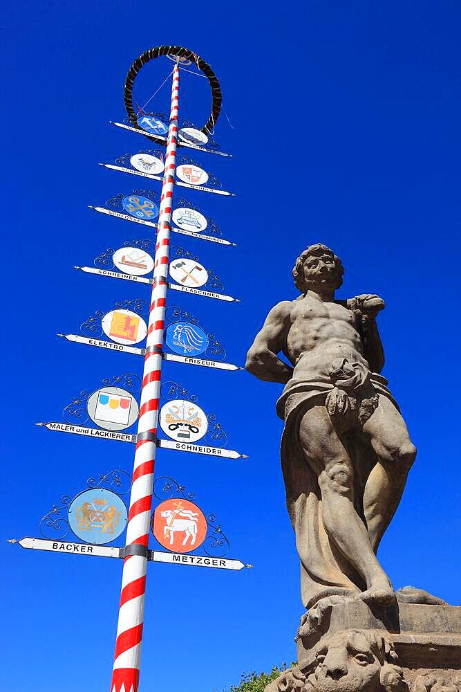 In the city centre of Bayreuth, Hercules fountain and guild tree in the pedestrian zone, Bayreuth, Upper Franconia, Bavaria, Germany, Europe