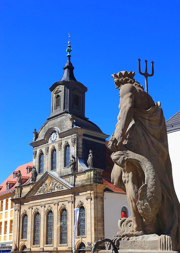 In the city centre of Bayreuth, Neptune Fountain and the Spital Church on Maximilianstrasse, Bayreuth, Upper Franconia, Bavaria, Germany, Europe