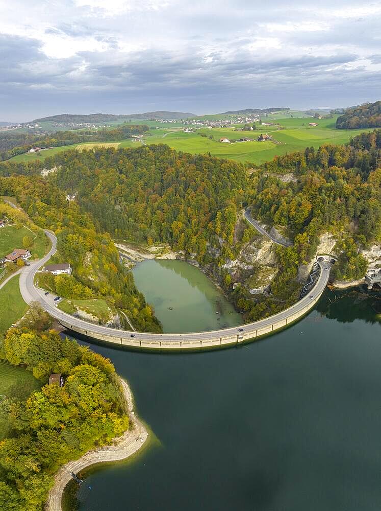 Dam on Lac de Gruyere, Lake Gruyere, reservoir, aerial view, Rossens, Fribourg, Switzerland, Europe