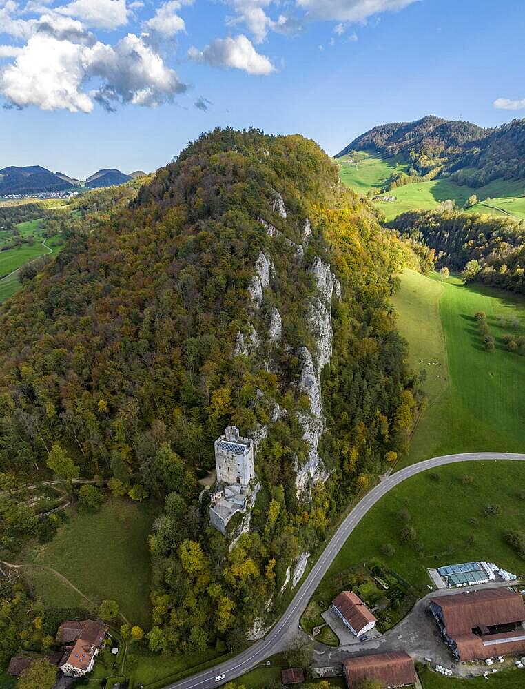 Neu Thierstein castle ruins, aerial view, Buesserach, Solothurn, Switzerland, Europe