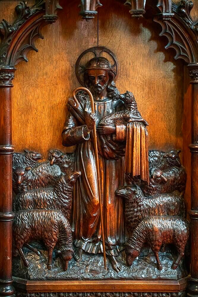 EAST GRINSTEAD, WEST SUSSEX, UK - MARCH 28 : Wooden carving from the pulpit of St Swithun's Church in East Grinstead West Sussex on March 28, 2022