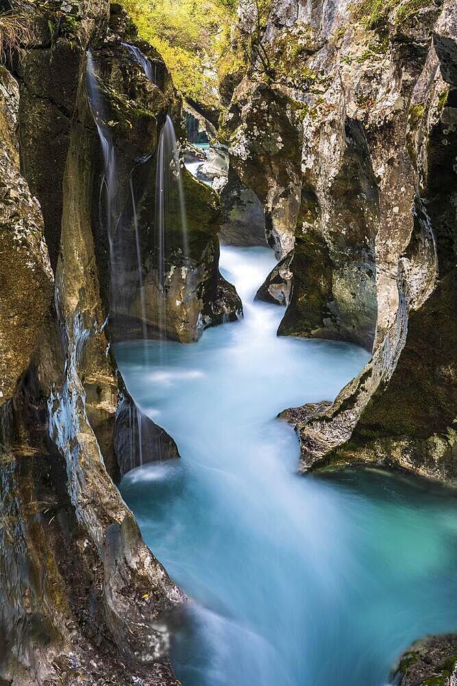 Mountain river Soca flows through narrow canyon, Soca Valley, Triglav National Park, Bovec, Slovenia, Europe