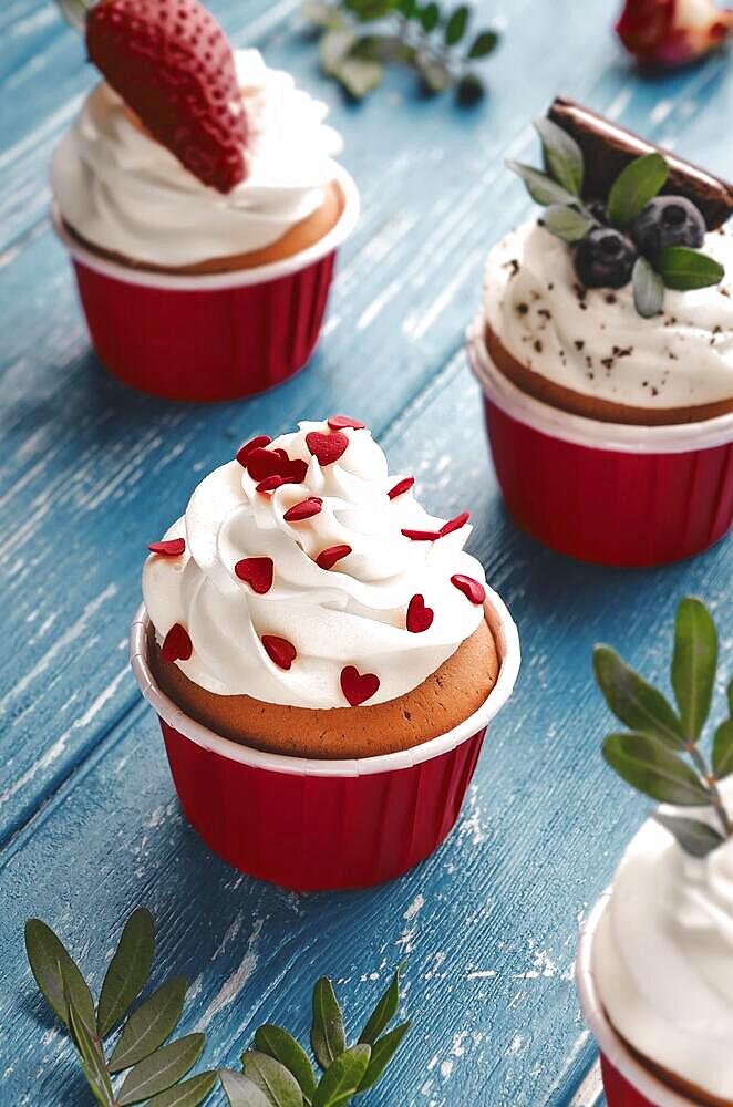 Biscuit cakes, a heart-shaped cakes with cream and fruit. Dessert on Valentine's Day