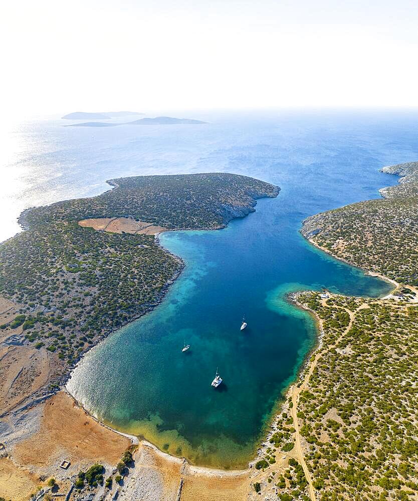 Aerial view, sailboats in a bay, Astypalea, Aegean Sea, Greece, Europe