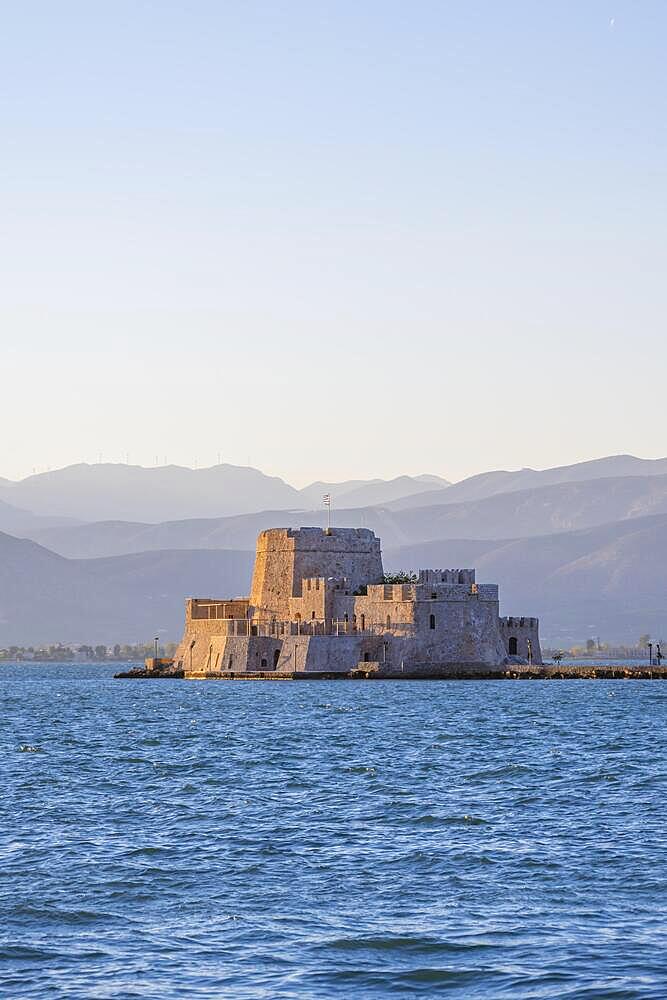 Evening atmosphere, Bourtzi Island Castle, Nafplio, Peloponnese, Greece, Europe