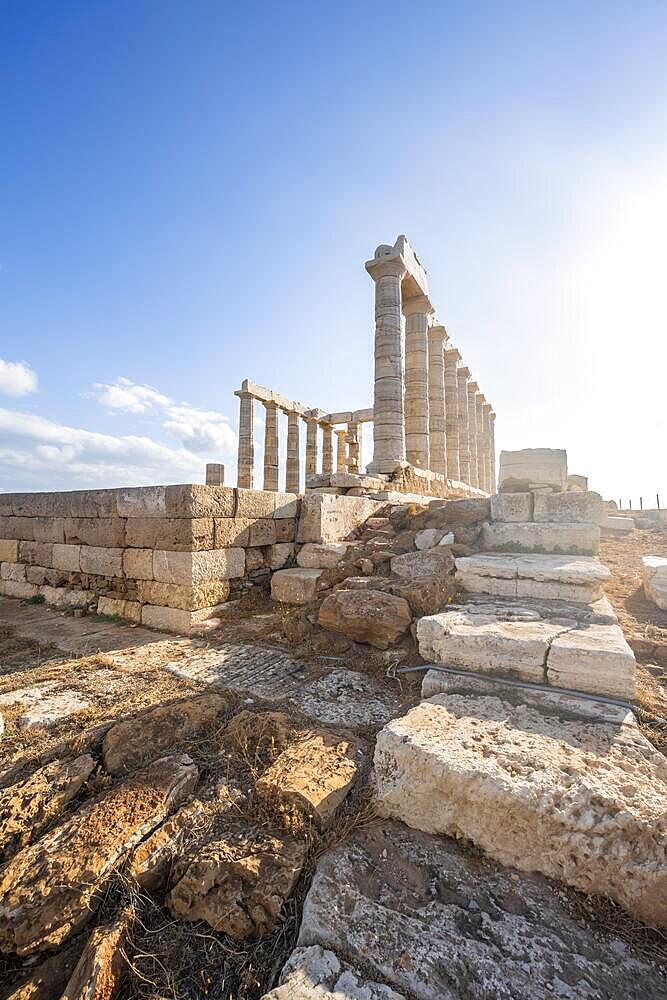 Ruin and columns of the ancient Temple of Poseidon, Cape Sounion, Attica, Greece, Europe