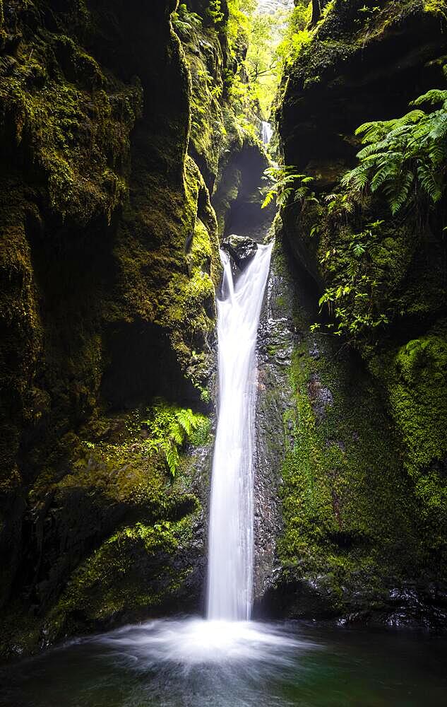 Ribeira Grande, waterfall in a gorge on PR9 Levada do Caldeirao Verde, Madeira, Portugal, Europe