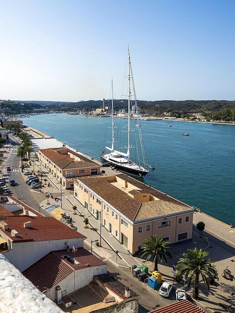 Port de Mao, view of the harbor from Parc Rochina, Claustre del Carme in the background, incoming ferry, Mahon, Menorca, Balearic Islands, Spain, Europe