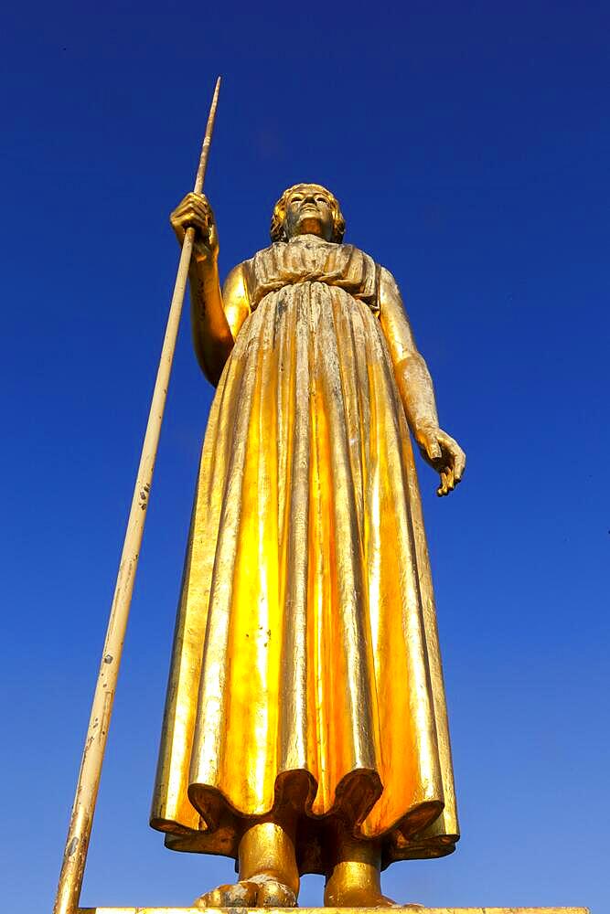 Gilded Greek Goddess of the Arts Pallas Athena by Johannes Knubel 1926, in front of the Tonhalle, Duesseldorf, North Rhine-Westphalia, Germany, Europe