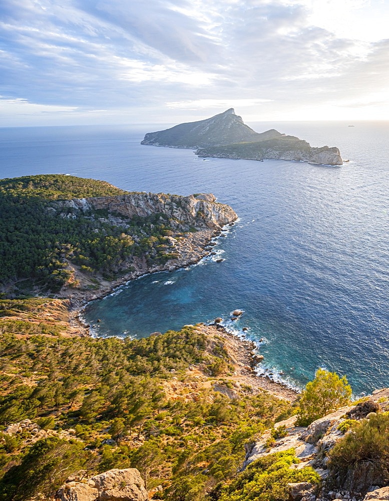 Rocky coast with an island, Sunset over the ocean, Mirador Jose Sastre, Sa Dragenora Island, Mallorca, Spain, Europe