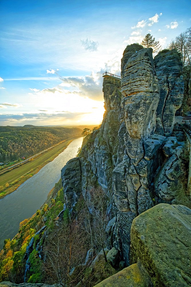 Evening mood, sunset, view to the new Basteiaussicht and the river Elbe, Lohmen, Saxon Switzerland, Elbe Sandstone Mountains, Saxony, Germany, Europe