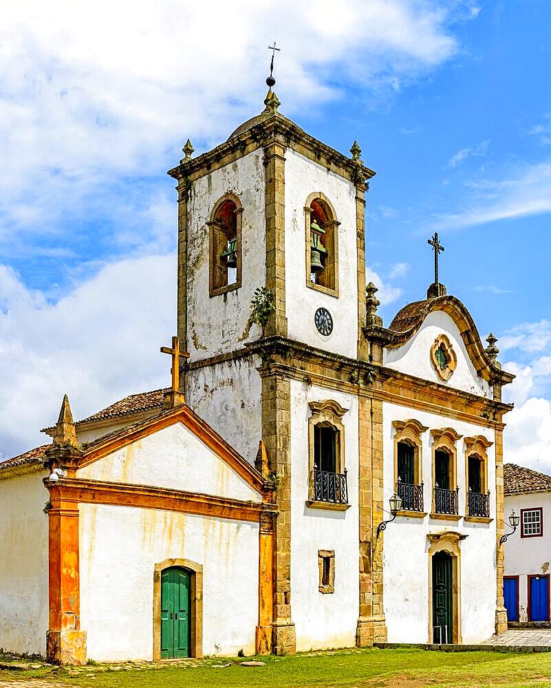 Facade of famous historic church in the ancient city of Paraty on the south coast of Rio de Janeiro, Brazil, Brasil, South America