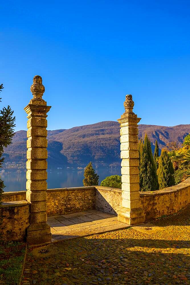 Mountain View from Church Entrance Oratory of S. Antonio da Padova in Santa Maria del Sasso with Mountain and Lake Lugano in a Sunny Day in Morcote, Ticino in Switzerland