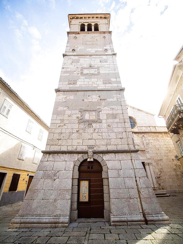 Bell tower, St. Mary the Great Church in the back, Cres Town, Cres Island, Kvarner Gulf Bay, Croatia, Europe