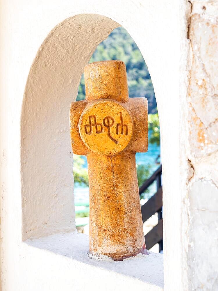 Sculpture with old Croatian writing, fishing village Valun, Cres Island, Adriatic Sea, Kvarner Bay, Croatia, Europe