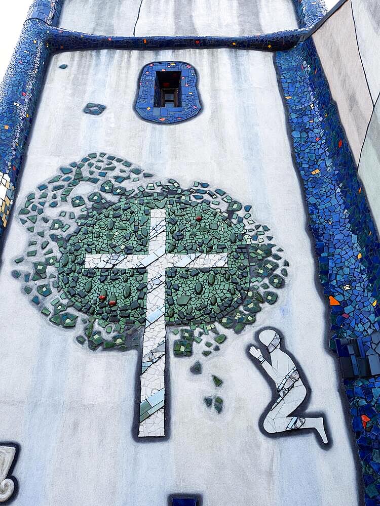 Mosaic with biblical motif on the church tower, St. Barbara Parish Church, 1987-1988, by Friedensreich Hundertwasser, Baernbach, Styria, Austria, Europe