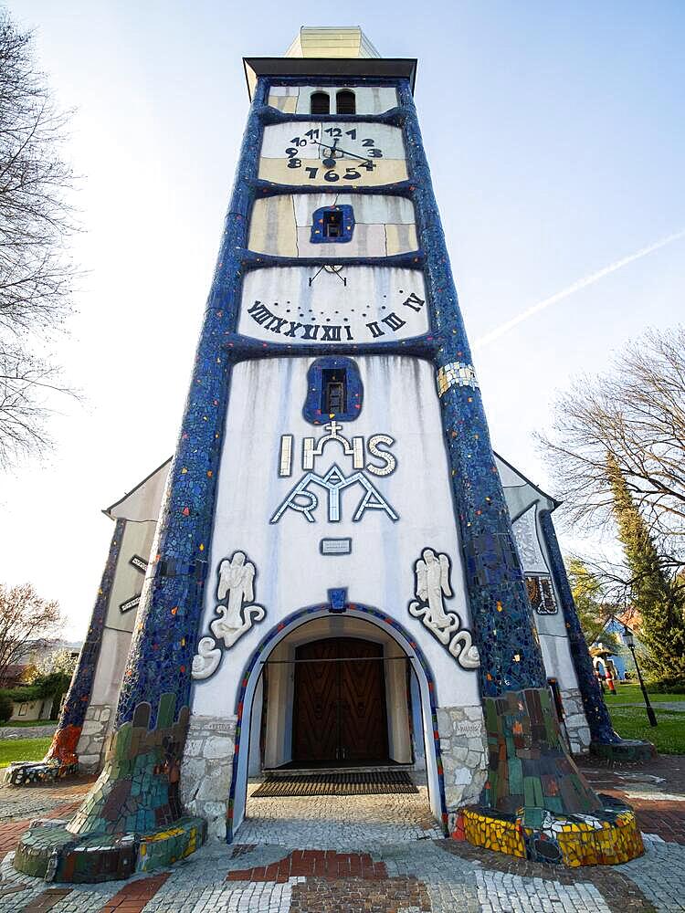 Church tower, Parish Church of St. Barbara by Friedensreich Hundertwasser, 1988, Baernbach, Styria, Austria, Europe