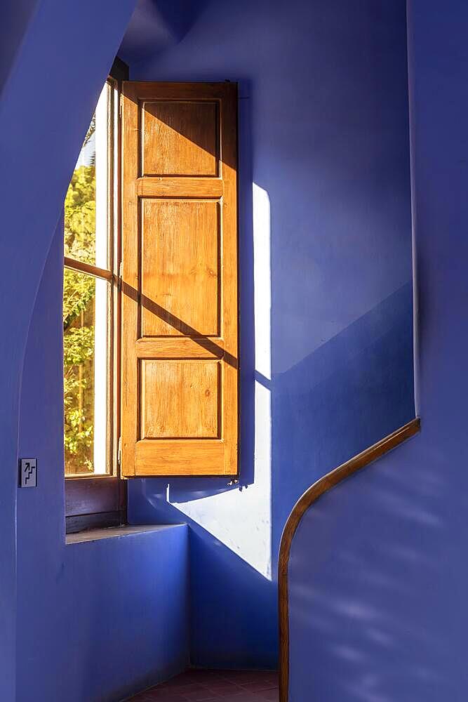 Staircase and window, blue interior of the Casa de la Guardia, Pabellon de porteria, Park Gueell, park by Antoni Gaudi, Barcelona, Catalonia, Spain, Europe