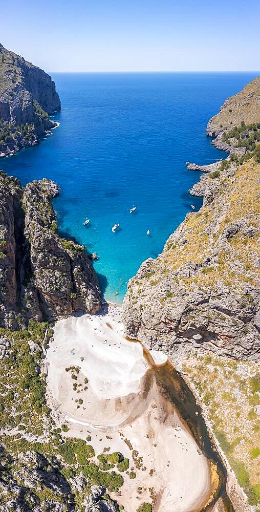 Aerial view, beach and rocks, Sa Calobra, Majorca, Balearic Islands, Spain, Europe