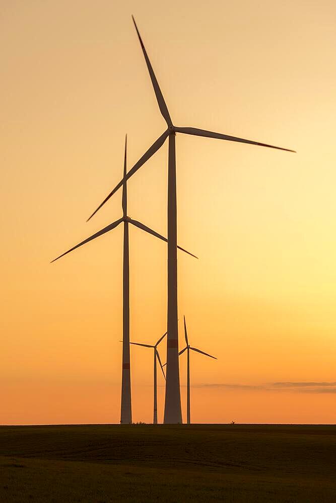 Wind farm, wind turbine, wind turbines, after sunset, Swabian Alb, Baden-Wuerttemberg, Germany, Europe