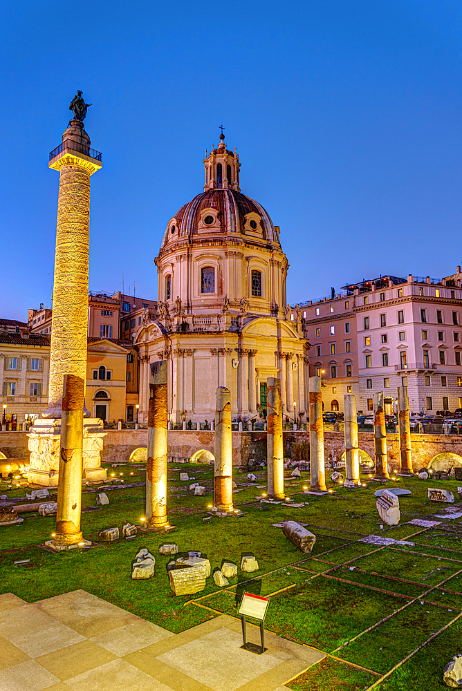 The remains of Trajan's Forum in Rome at dusk