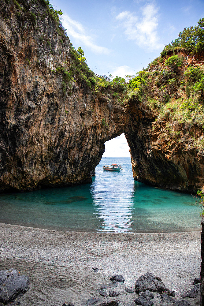 Beautiful hidden beach. The Saraceno Grotto is located directly on the sea in Salerno, Campania, Salerno, Italy, Europe