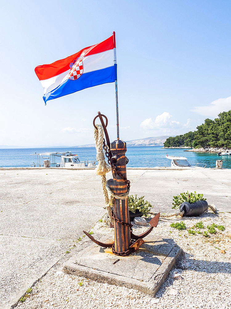 Anchor, Flag of Croatia, Port of Sveti Grgur, Kvarner Gulf Bay, Croatia, Europe