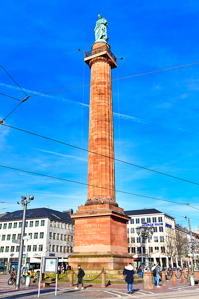 Darmstadt, Germany, March 2020: Ludwig Monument called 'Ludwigsmonument', a monument to Ludwig I, the first Grand Duke of Hesse and symbol of the city of Darmstadt standing on 'Luisenplatz' square, Europe