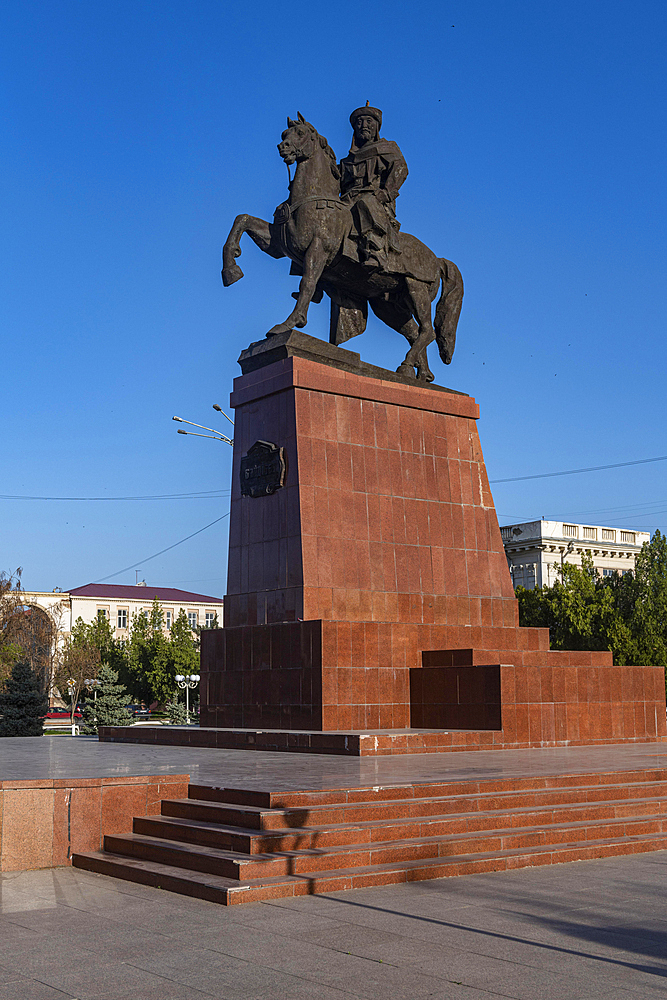 Taraz Akimat City Hall with Statue of Baydibek Batyr Riding a Horse, Taraz, Kazakhstan, Asia