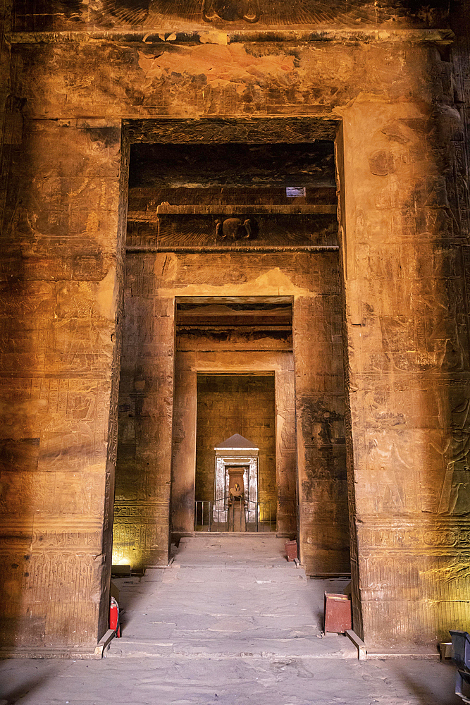 Interior of the Temple of Edfu in the city of Edfu, Egypt. On the bank of the Nile river, geco-Roman construction, temple dedicated to Huros