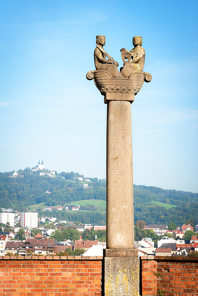 Linz Austria, Goestlingberg with Linz Urfahr and statue of Nibelungen on a column