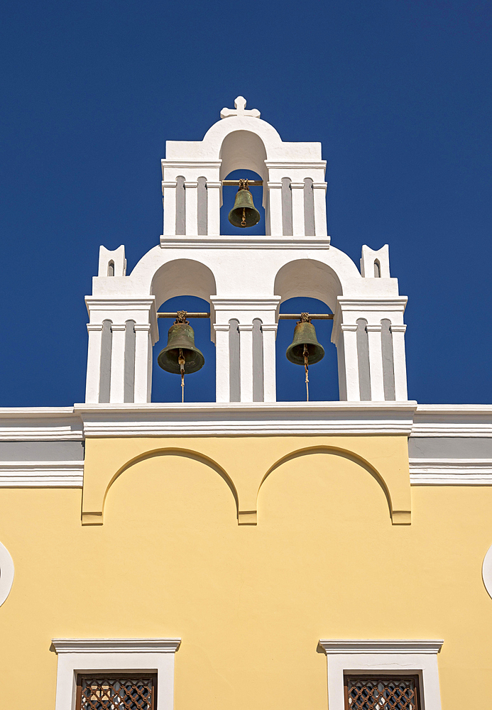 Assumption of the Blessed Virgin Mary Catholic Church of the Dormition, Three Bells of Fira, Firostefani, Santorini, Greece, Europe