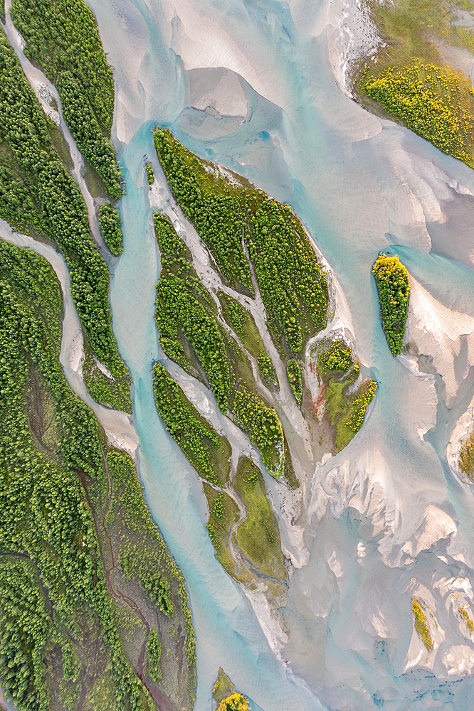 Aerial view, river delta with islands, river Glomaga, Mo i Rana, Norway, Europe