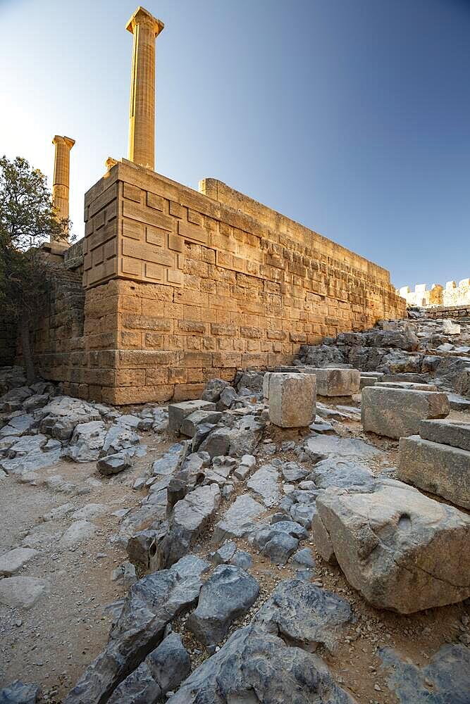 Roman columns, Roman temple, Acropolis of Lindos, Lindos, Rhodes, Dodecanese, Greece, Europe