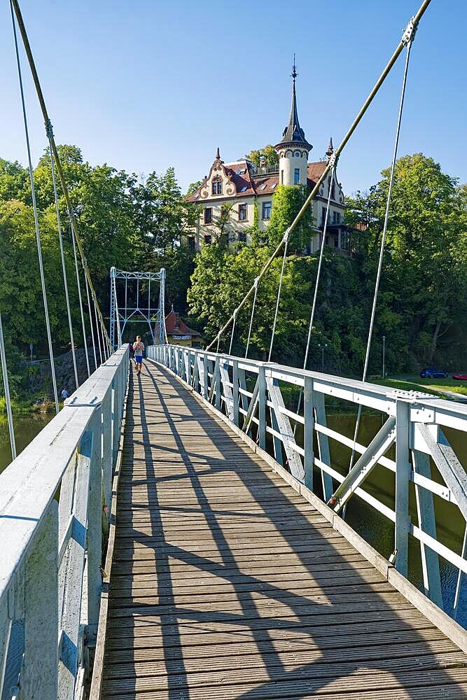 Suspension bridge over the river Mulde and Hotel Gattersburg, Grimma, Saxony, Germany, Europe
