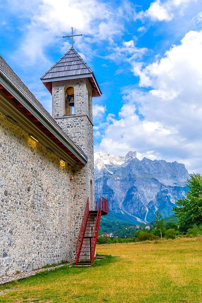 The Catholic Church in the valley of Theth National Park, Albania. albanian alps